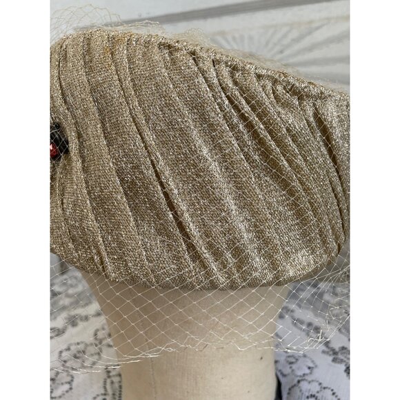 Vintage 1960s Gold Metallic Cloche Hat With Rhinestone Brooch Netting main image 13